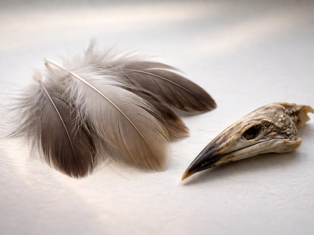 Macro close-up of bird feathers beside a bird beak on a clean neutral background.