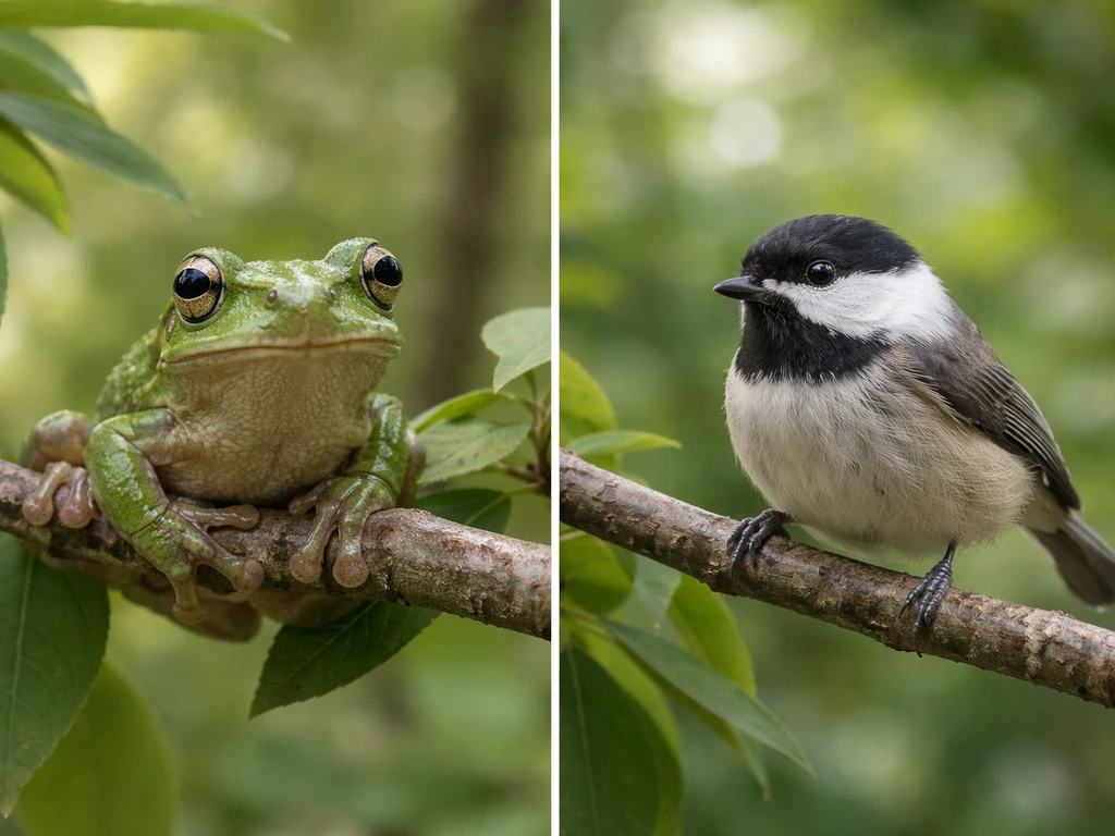 Split image showing a tree frog on a branch beside a small feathered bird, highlighting the difference.
