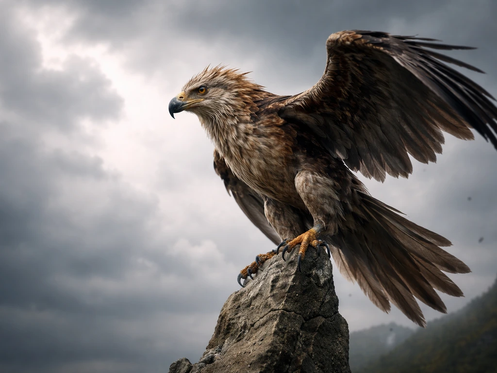 Dramatic fantasy aarakocra perched with hooked beak and wings spread, against a moody sky.