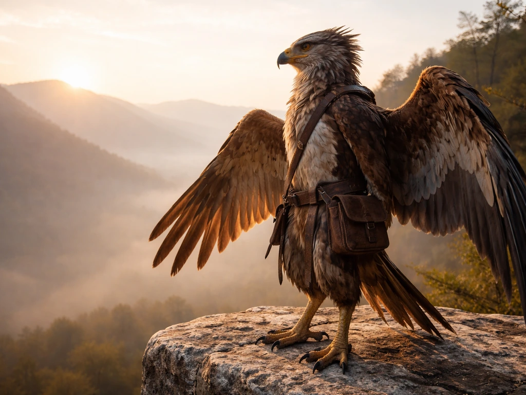 Feathered aarakocra warrior stands on a rocky cliff at sunrise, wings partially open, fantasy establishing shot.