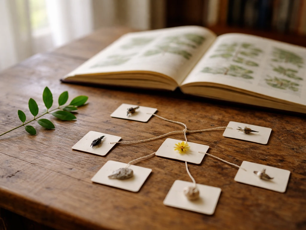 Open field guide and a simple leaf sprig with string laid out to suggest evolutionary branching.