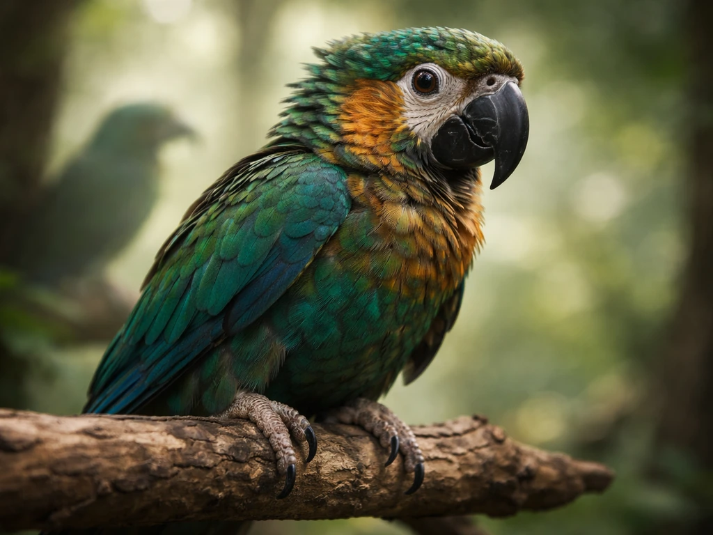 Close-up of a small fantasy parrot-like bird creature with a strong curved beak and gripping talons on a branch