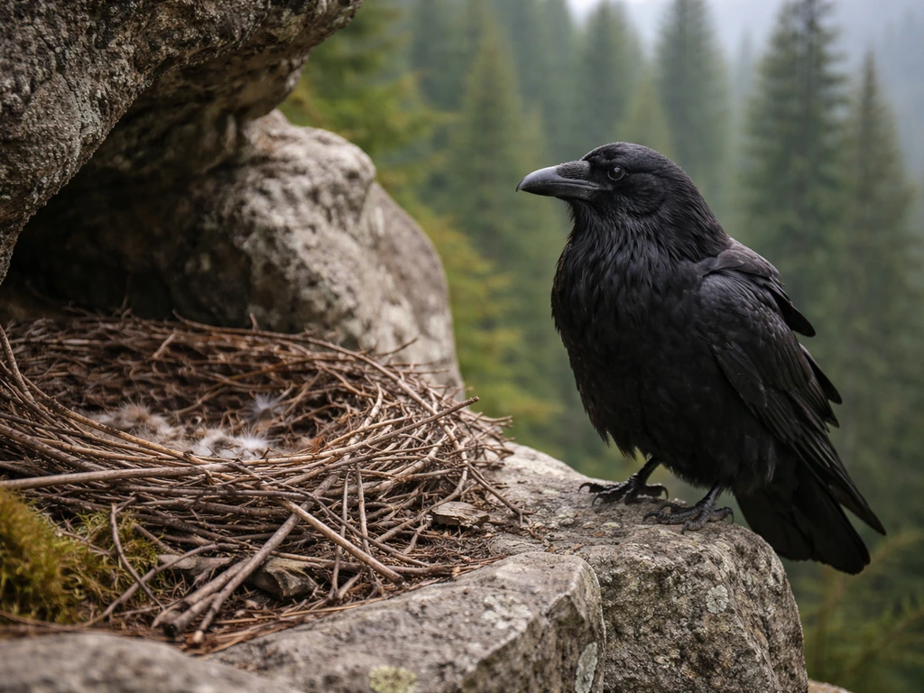 A raven perched near a natural nest site in a quiet forested rocky area.