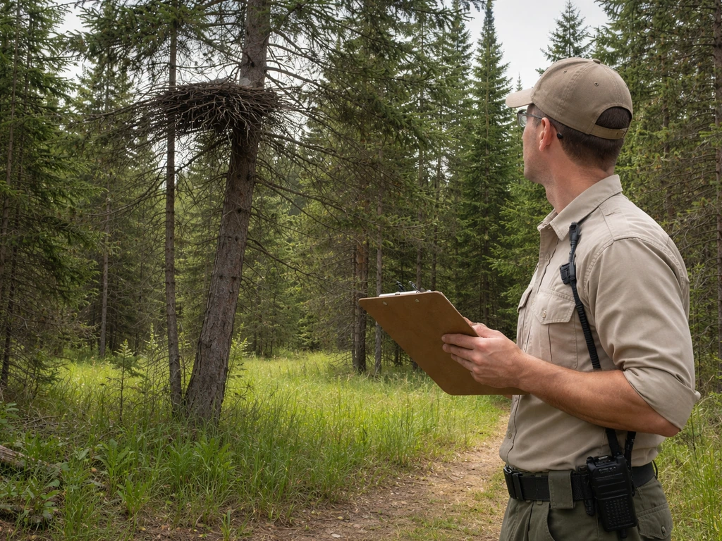 Wildlife officer holding a clipboard near a raven nest in a quiet forest clearing, suggesting legal protection.
