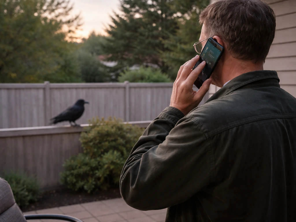 Homeowner from a safe distance observing a raven while calling a wildlife agency on a phone.