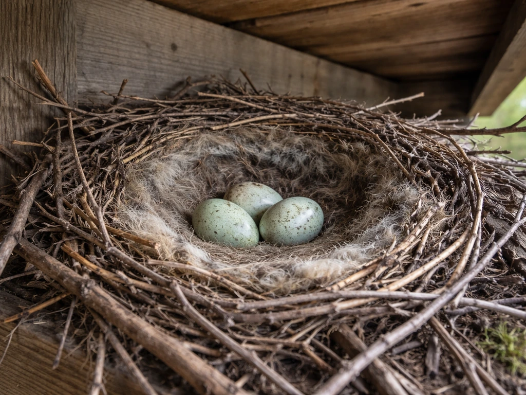 Raven nest on a property structure with visible eggs, photographed in natural light.