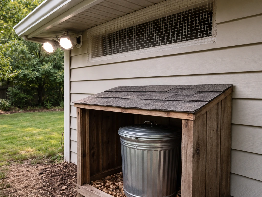 Motion-activated light and covered outdoor chicken feed setup deterring ravens