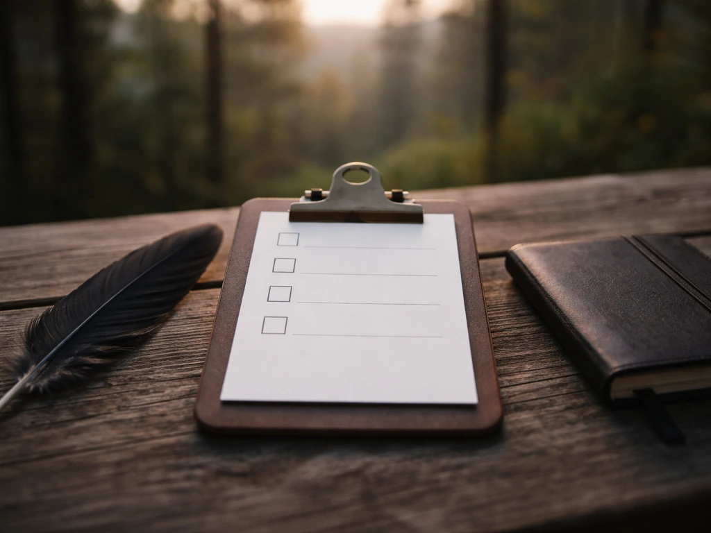 Simple checklist on a clipboard beside a dark raven feather in a quiet natural setting