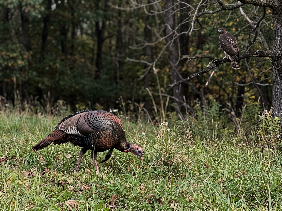 Wild turkey on the ground contrasted with a perched raptor in a natural setting
