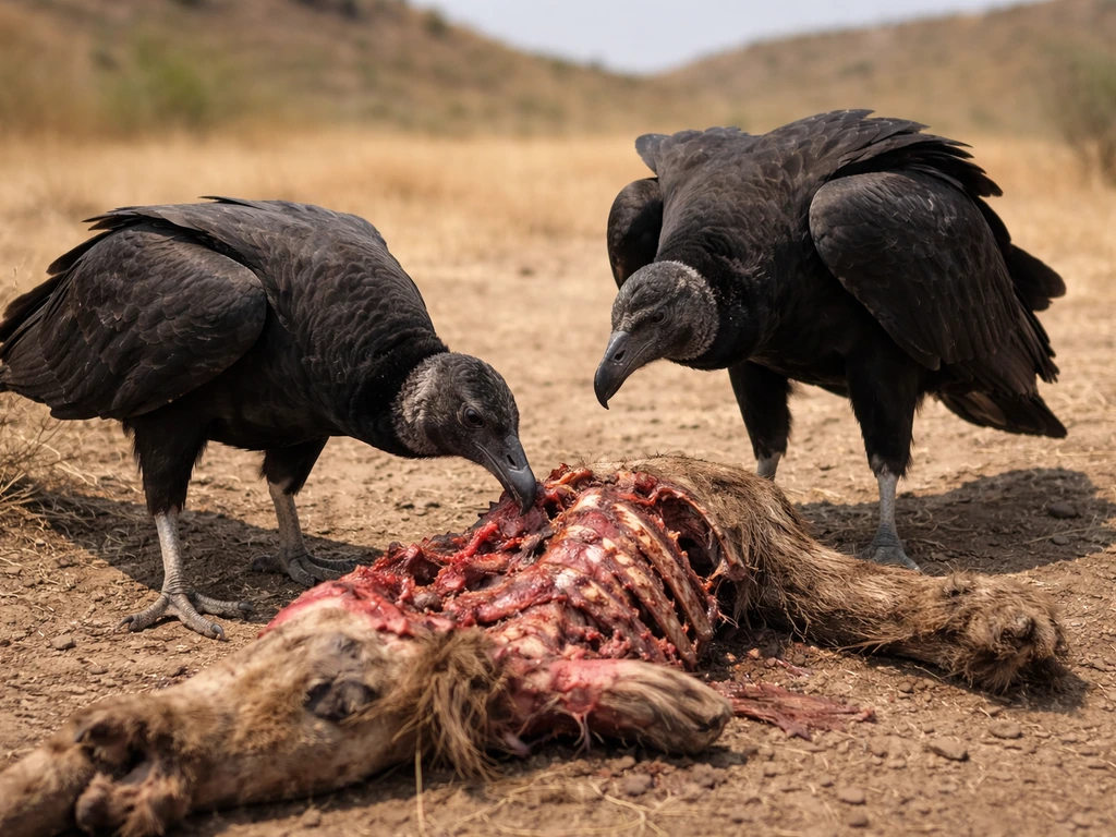 Vultures feeding on carrion on dusty ground in an open landscape