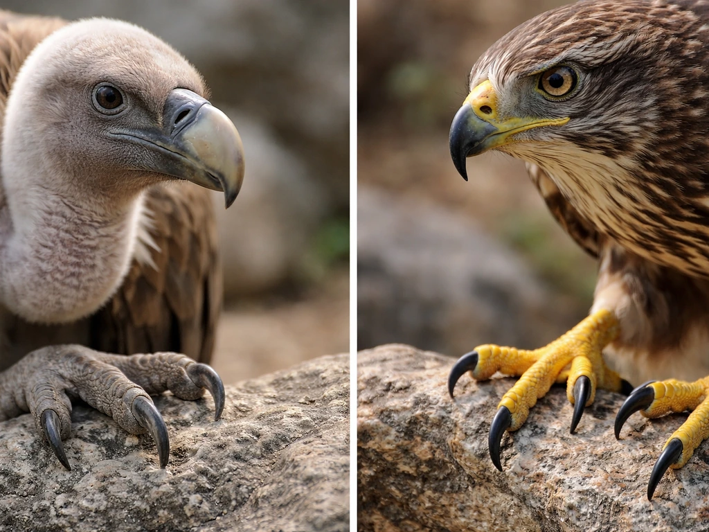 Side-by-side close-ups of a vulture’s hooked beak and weaker talons versus a raptor’s stronger grip.
