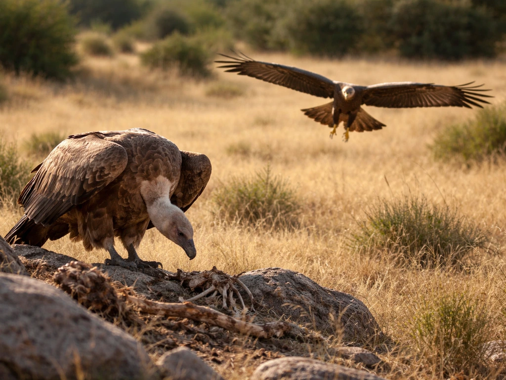 A vulture perched near rocky ground contrasted with a hovering eagle/harrier hunting over open grassland.