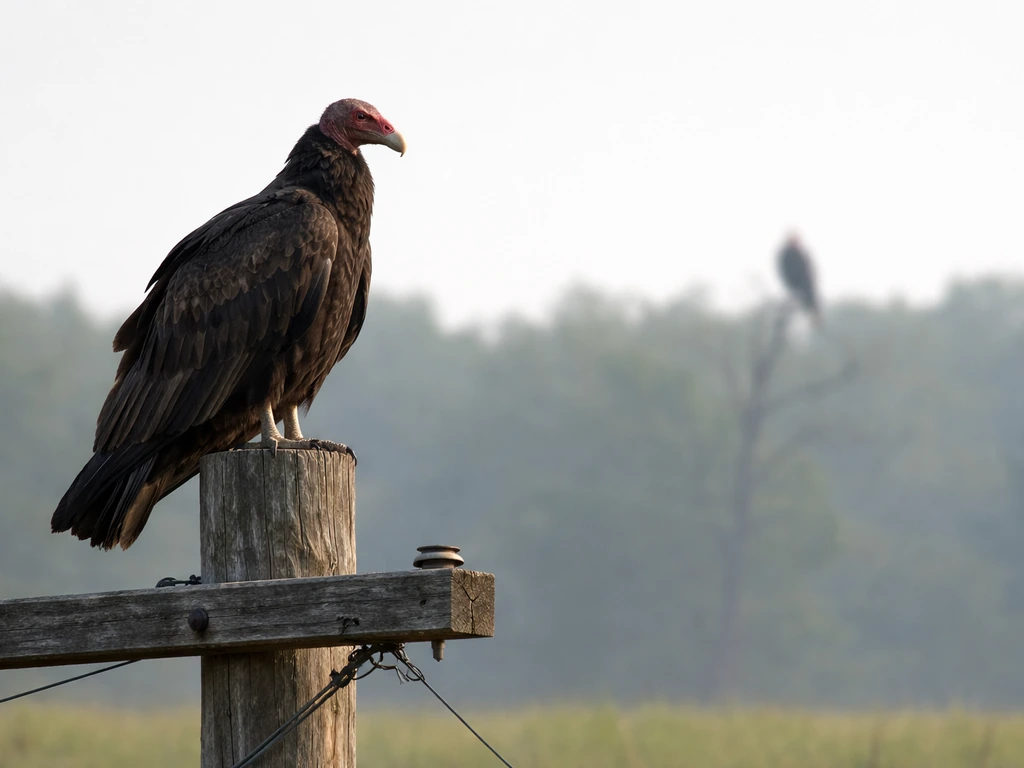 Perched vulture with bare head and hooked beak silhouette against a simple sky