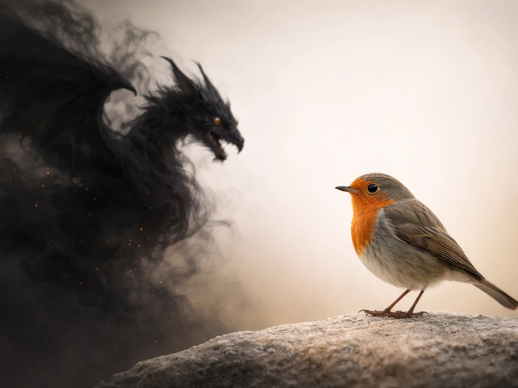 Side-by-side mythic dragon silhouette and a perched bird with visible beak and feathers.