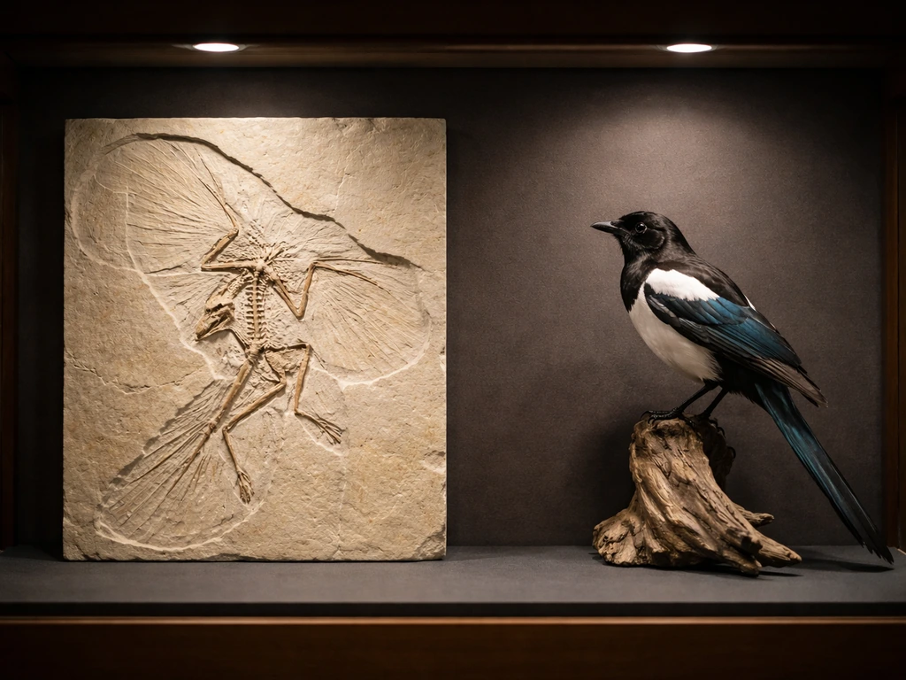 Museum display showing an Archaeopteryx fossil skeleton beside a modern bird mount, highlighting shared dinosaur traits.