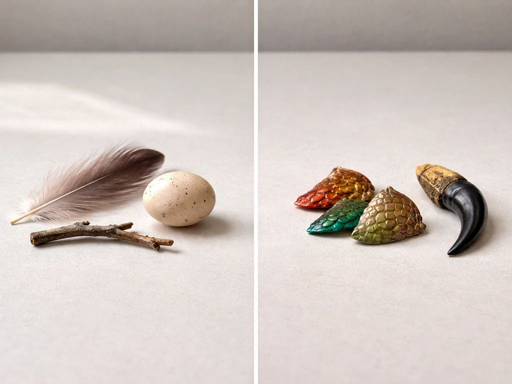 Side-by-side objects showing bird traits (feather and hard egg) versus mythical dragon scales on a table.