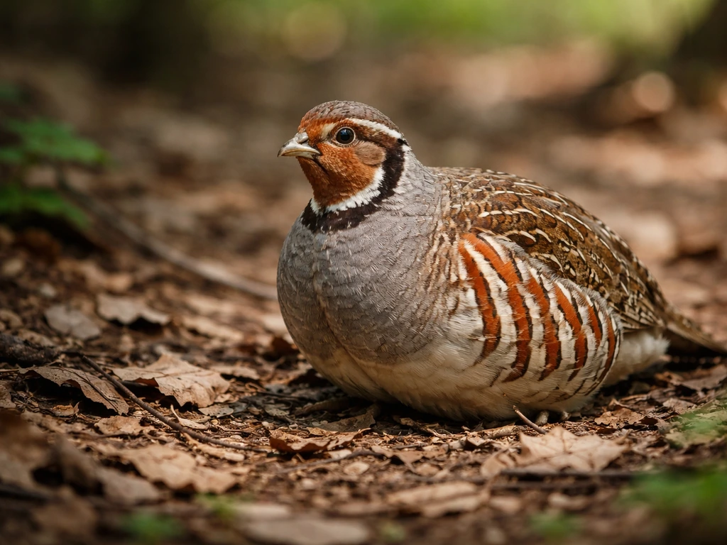 A partridge on the forest floor with visible feathers and natural ground cover.