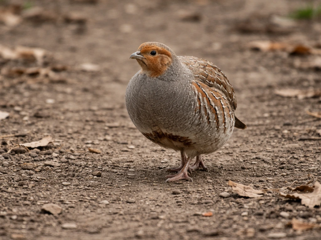 Gray partridge walking on earthy ground with small pebbles and dry leaves
