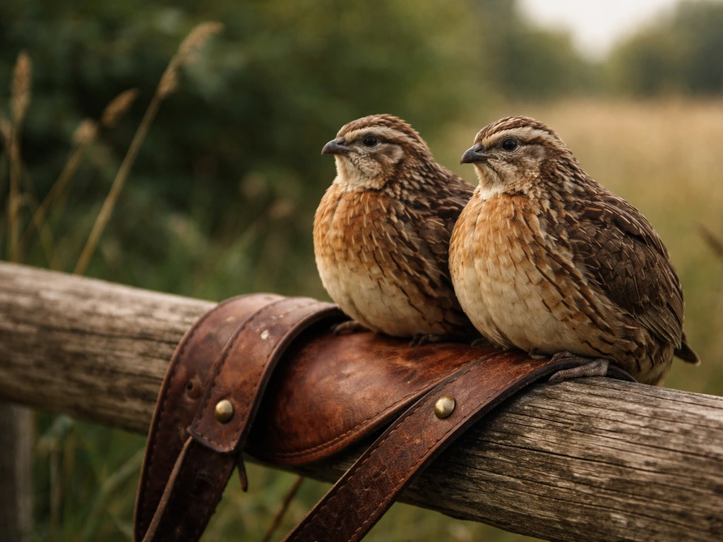 Close-up of a pair of small game birds on a leather strap in a quiet countryside setting