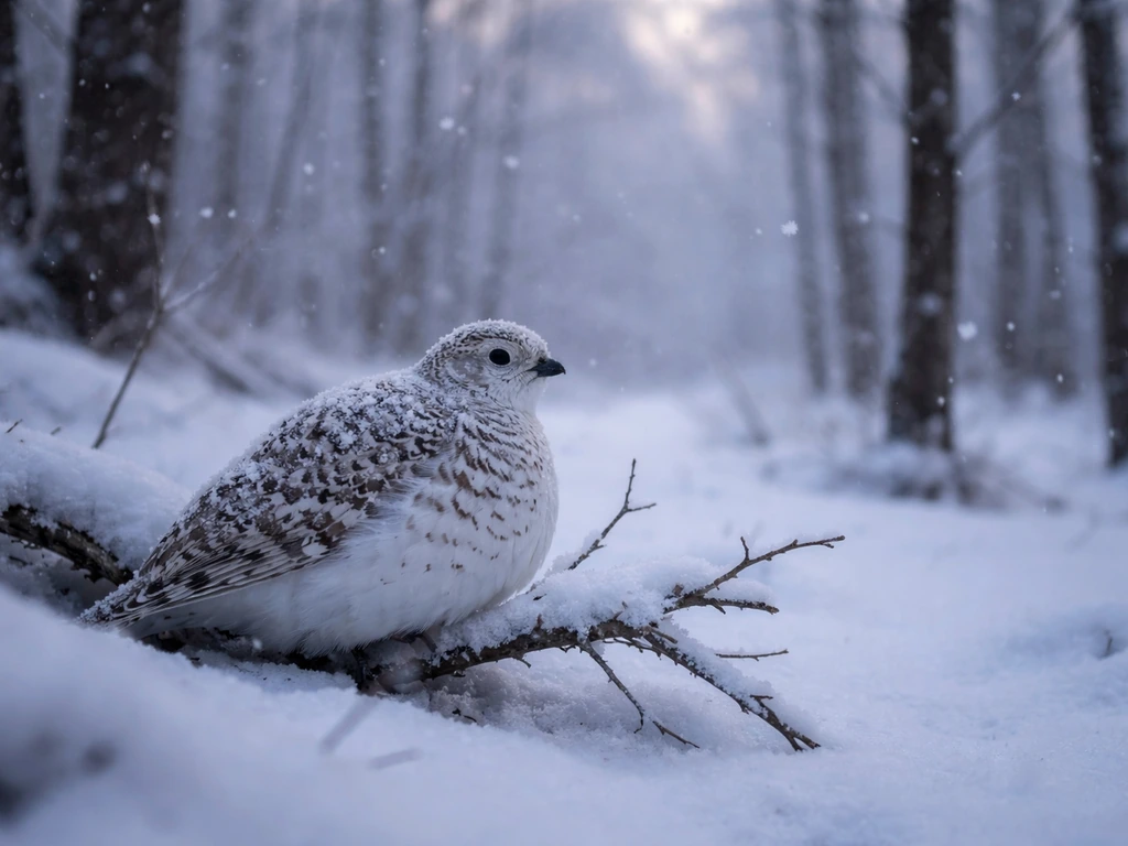 A camouflaged ptarmigan perched on a snowy branch in a quiet winter forest.