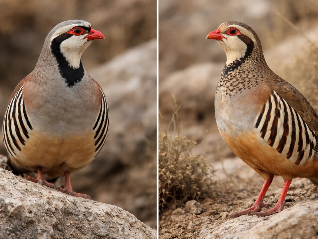 Two perched birds side by side—chukar with bold face band and red-legged partridge with reddish legs.
