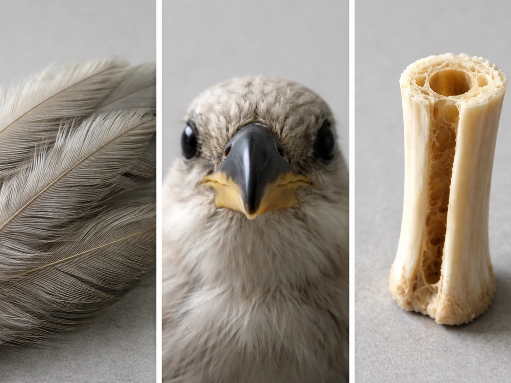 Close-up of feathers, a beak, and a hollow-bone-like cutaway showing bird traits side by side.