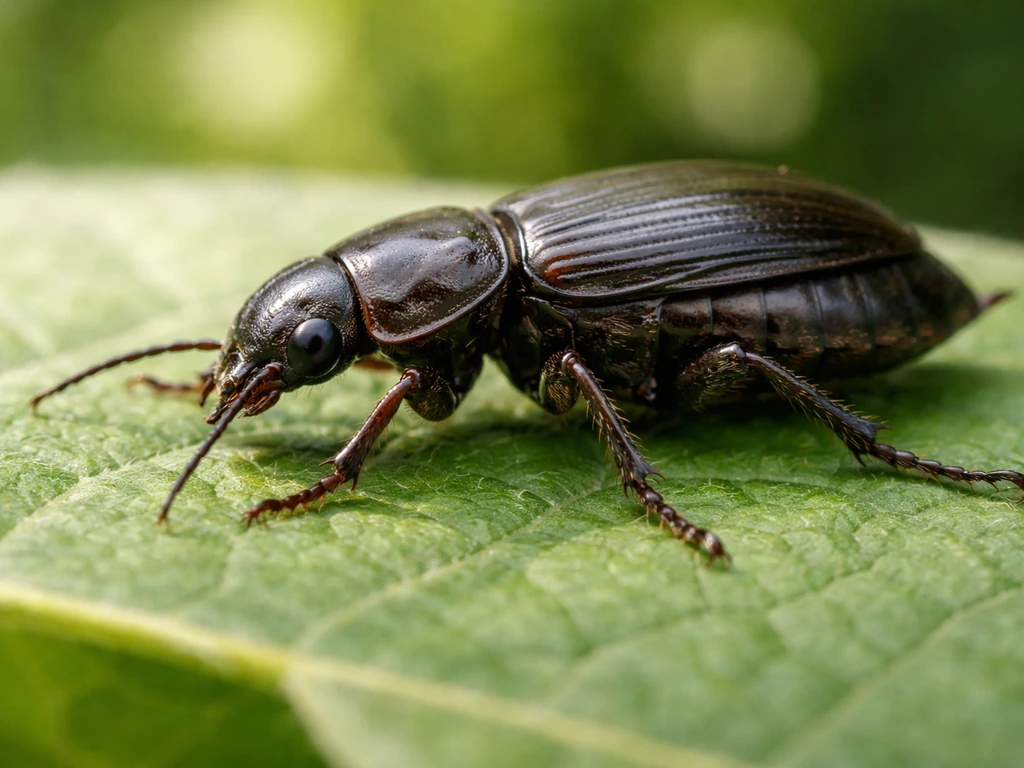 Macro close-up of a single insect on a leaf, showing exoskeleton texture, segmented body, six legs, and wings.