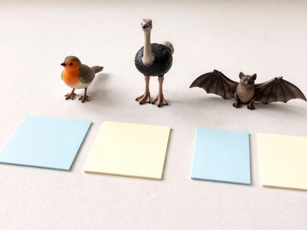 Three animal figurines on a table with blank color cards implying bird vs not-bird.