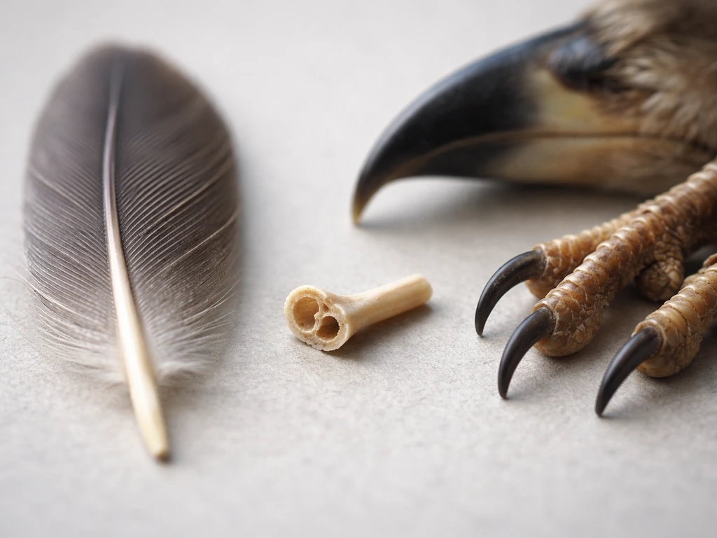 Close-up of natural bird feather, beak, and scaly feet with subtle hollow-bone style detail