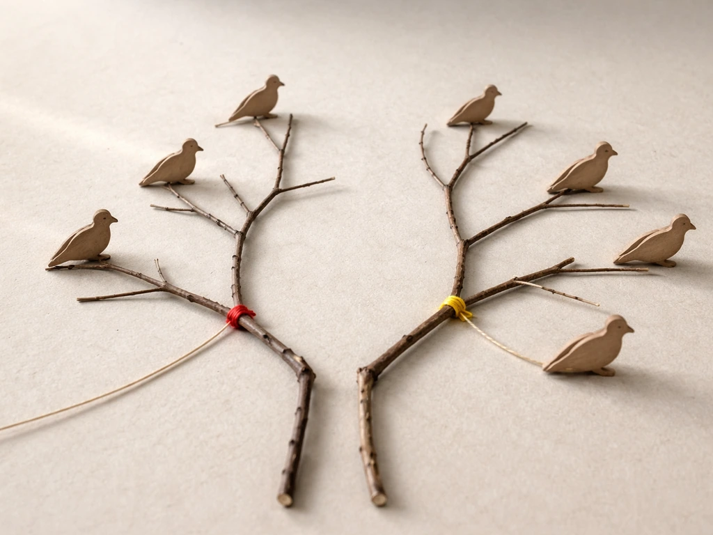 Minimal photo of a bird family-tree styled arrangement with vulture groups highlighted by two distinct pathways.
