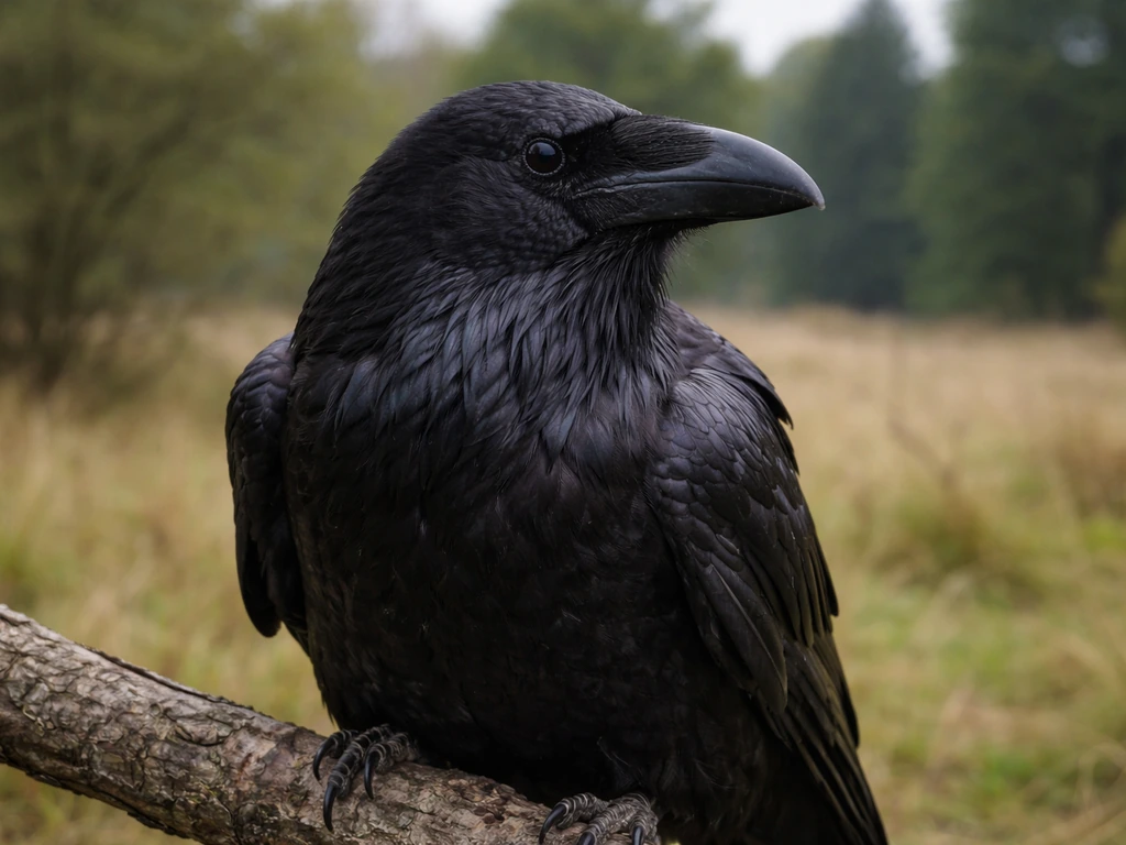 Close-up of a perched raven with clear beak and feathers, with a softly blurred field behind it.