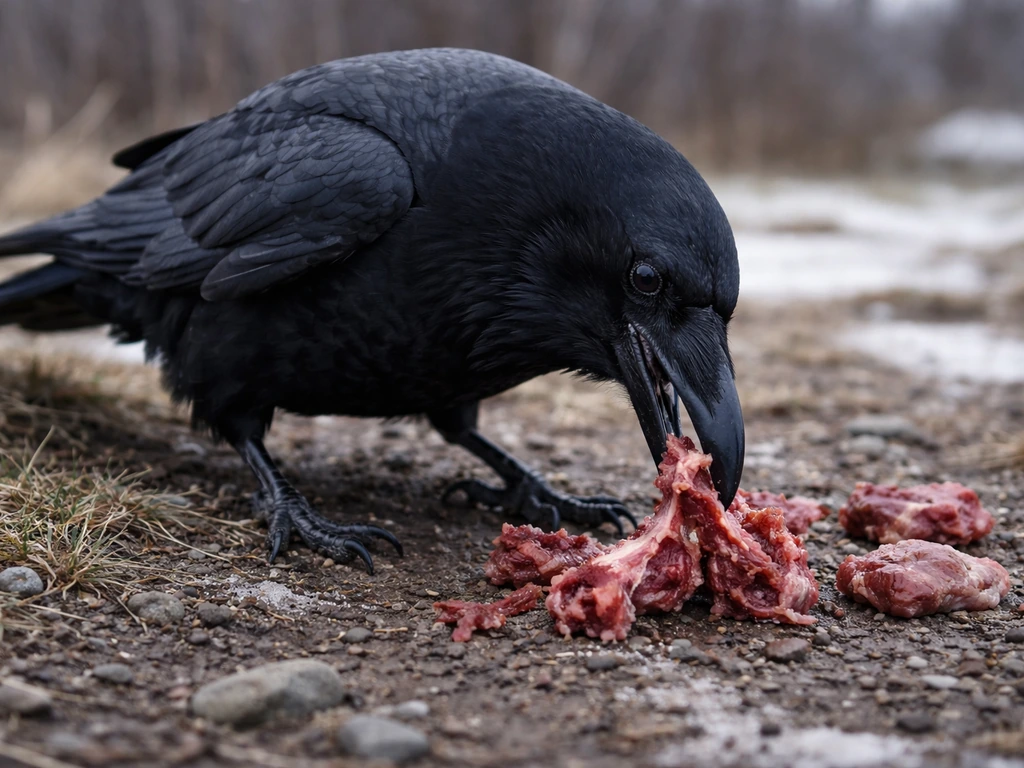 A dark raven pecking at meat scraps on the ground near sparse grass and stones.