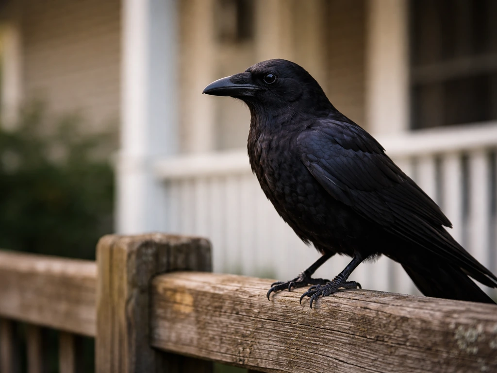 Black crow perched on a fence near a residential porch in soft natural light.