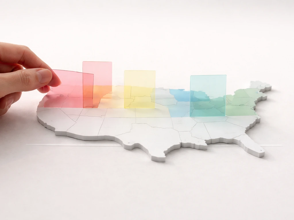 Minimal map-style scene with subtle layers implying federal baseline and state-by-state protection variation.
