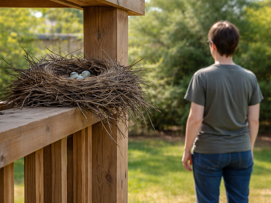 Person observing an active crow nest from a safe distance near a fence