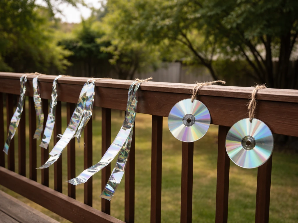 Reflective mylar tape strung along a fence line to deter nuisance crows near a home