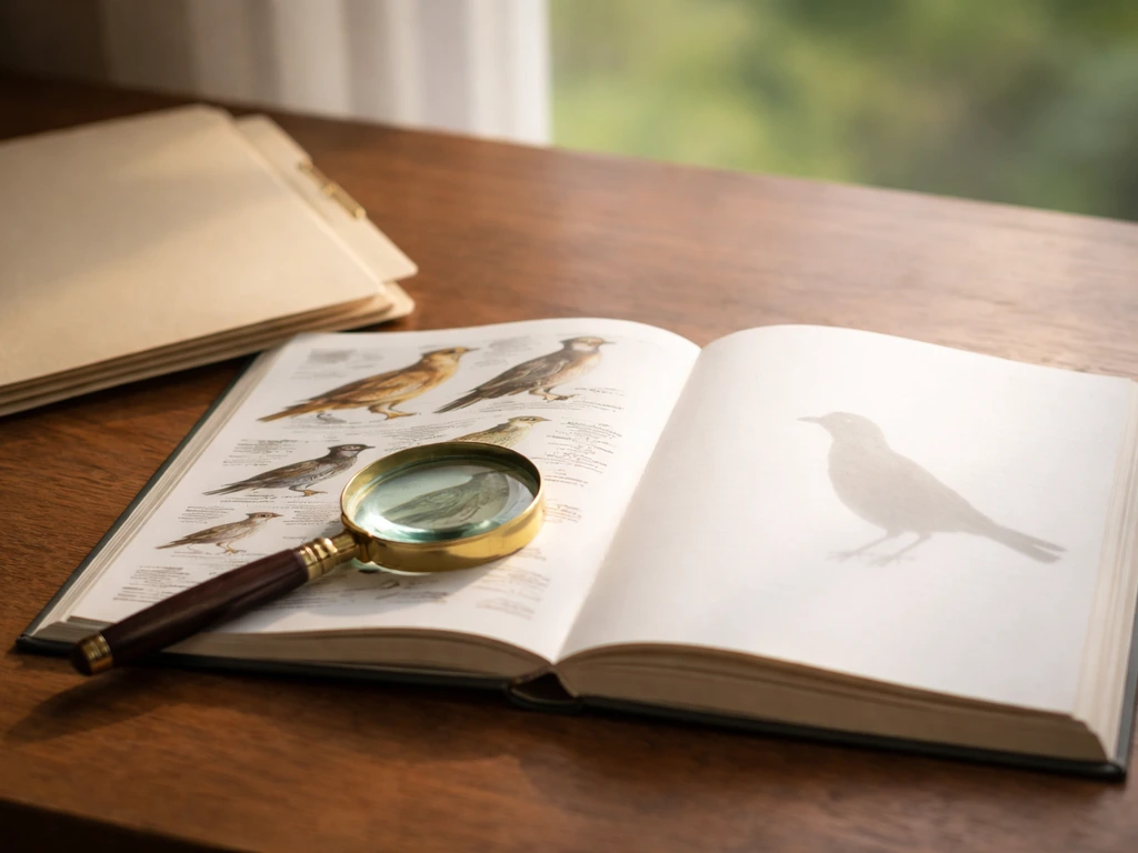 Open bird field guide and magnifying glass with a lark silhouette, suggesting how to verify a bird name.