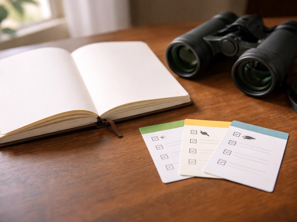 Minimal photo of a bird-watching notebook with simple three-step tools and a pair of binoculars.
