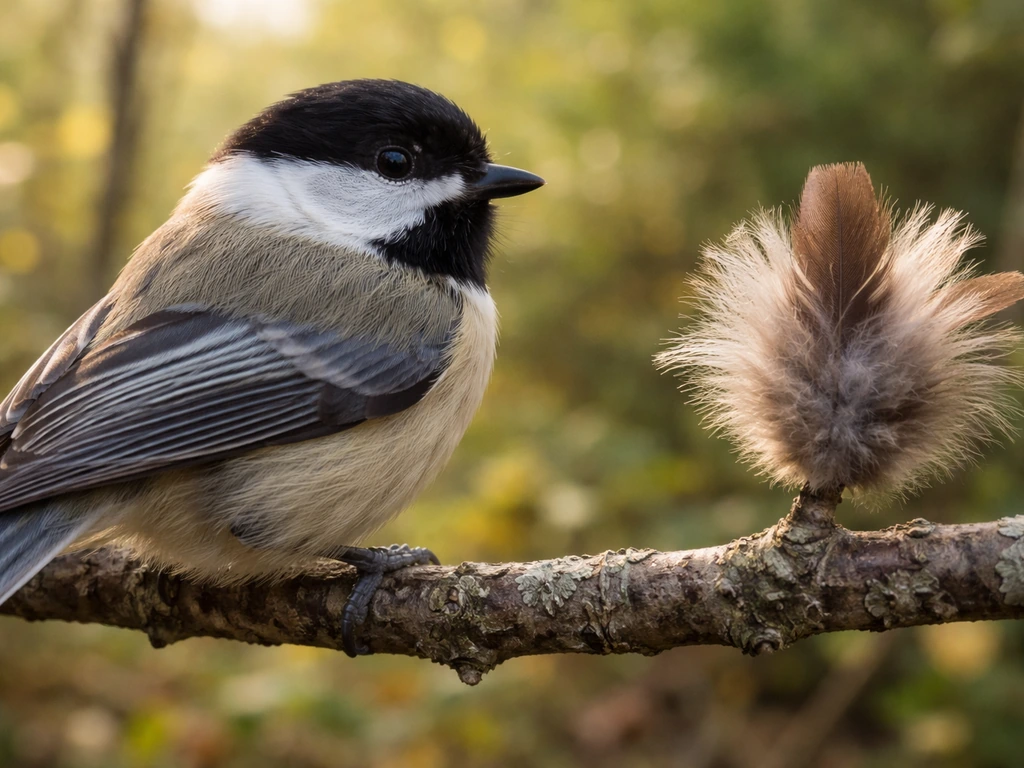 Close-up of a perched bird’s feathers and beak beside a non-bird lookalike feather tuft in natural light.