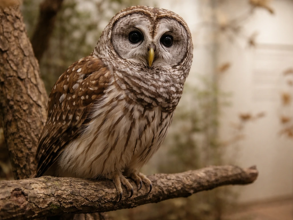 Close-up of an owl perched on a branch beside a blurred museum-style taxonomic display in the background