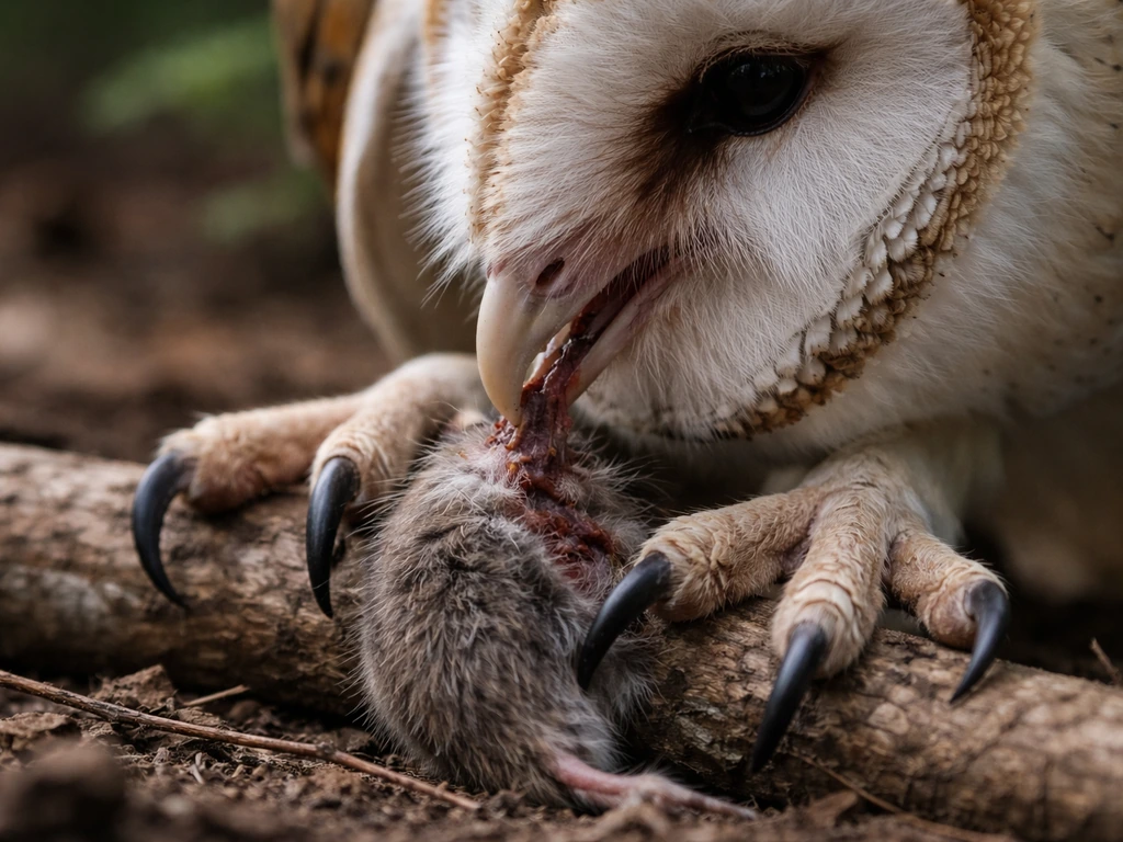 Close-up of barn owl talons gripping a small prey prop and the hooked bill tearing motion.