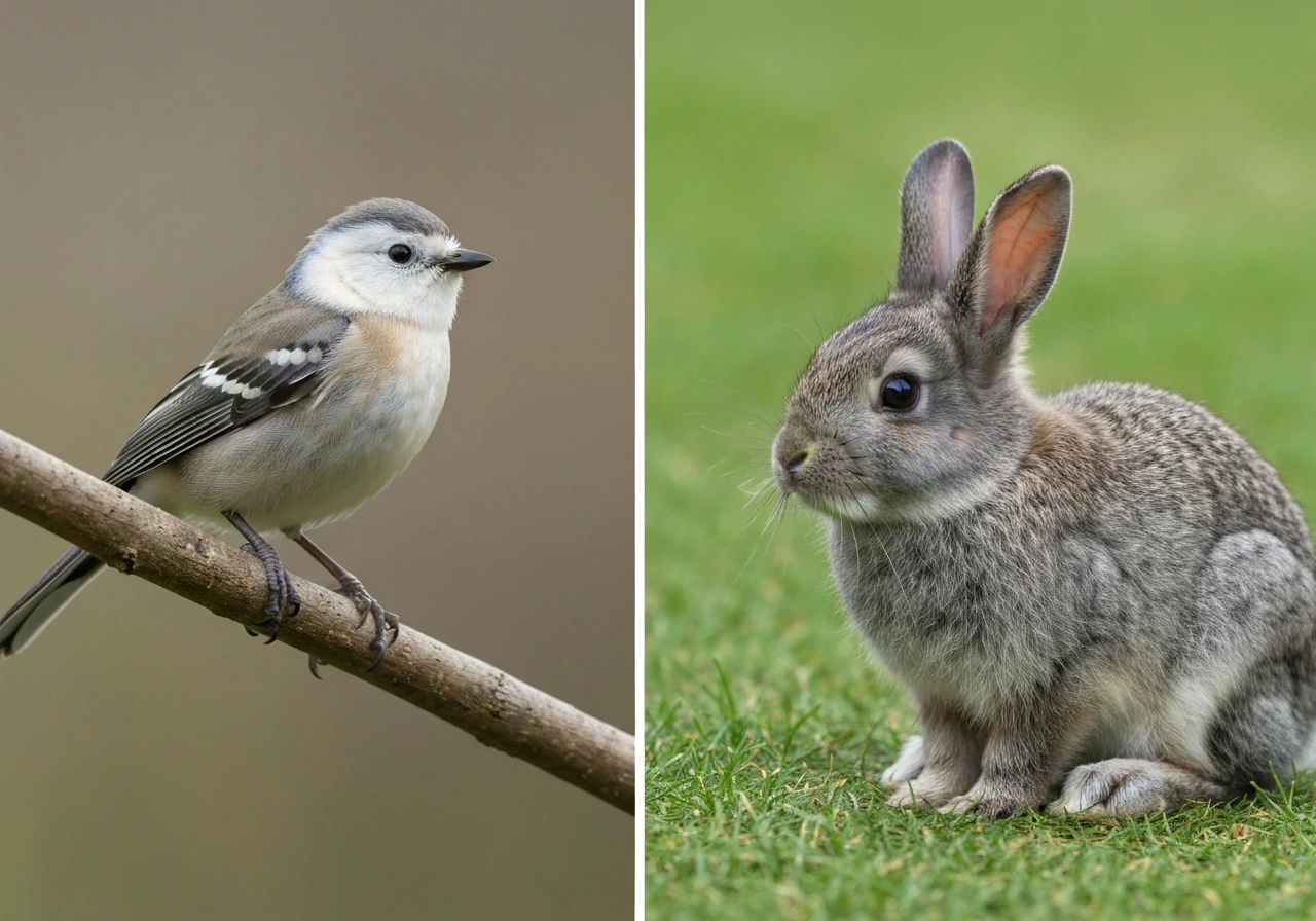 A feathered bird on a branch beside a furred rabbit on grass, showing bird vs mammal contrast.