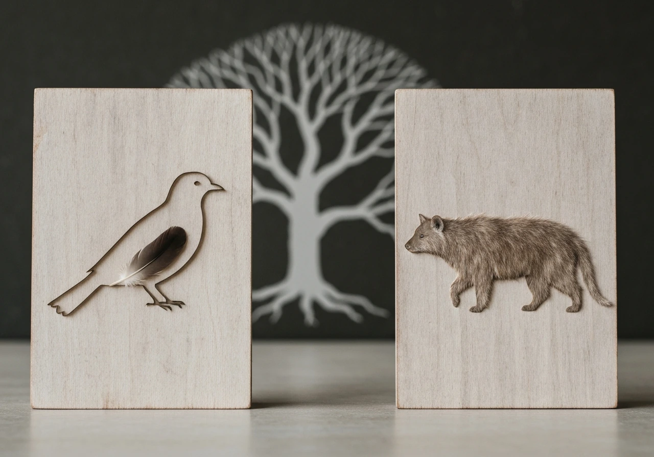 Two blank wooden cards with unlabeled bird and mammal silhouettes beside a faint branching evolutionary shape