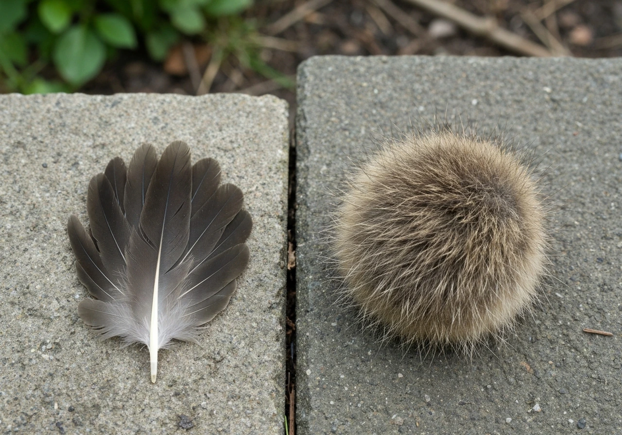 Close-up of two anonymous animals side-by-side: one with feathers, one with fur, outdoors