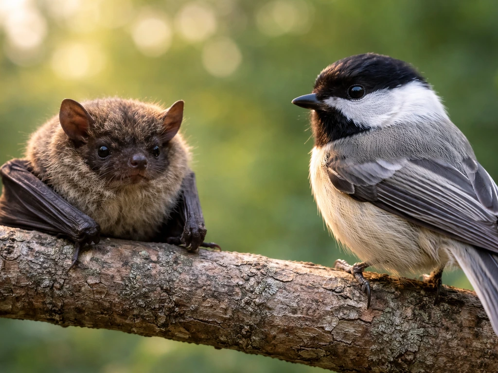 Close-up of a bat-like mammal and a bird-feathered silhouette in a minimal outdoor setting.