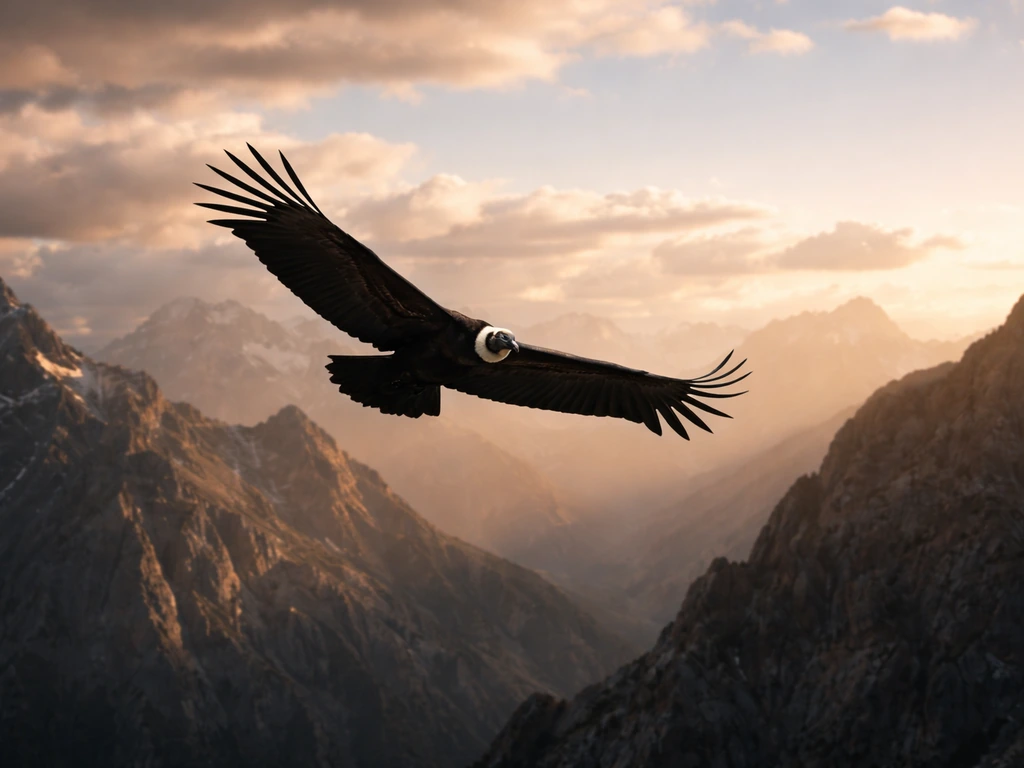 A condor soaring high above rugged mountains with wings spread in dramatic natural light.