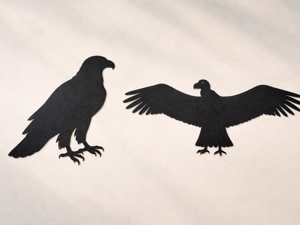 Split view showing an eagle-like raptor silhouette with hooked beak and talons, and a condor-like vulture silhouette.