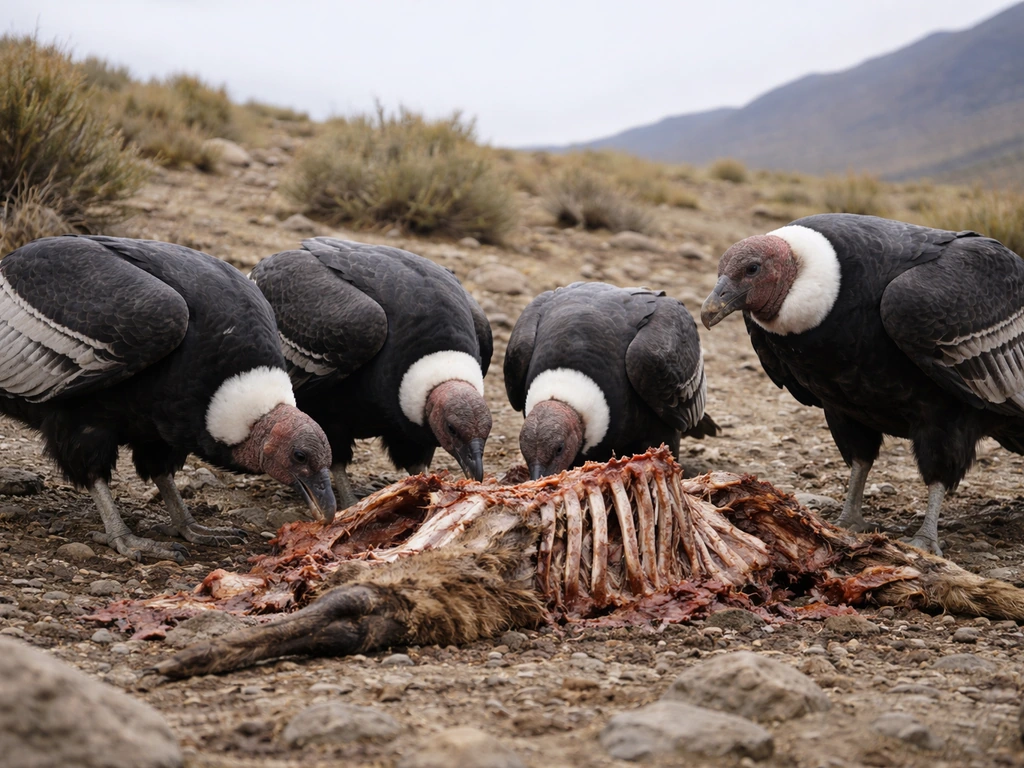 Andean condors scavenging at a carcass on rocky ground in the wild