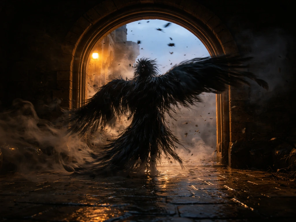 A dark, feathered bird-like creature form emerging from Howl’s Moving Castle moment in dim twilight.