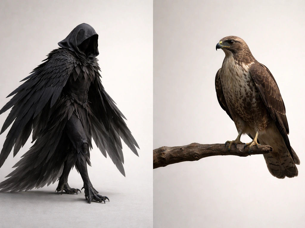 Side-by-side: a humanoid-feathered fictional creature vs a realistic raptor silhouette on a branch.